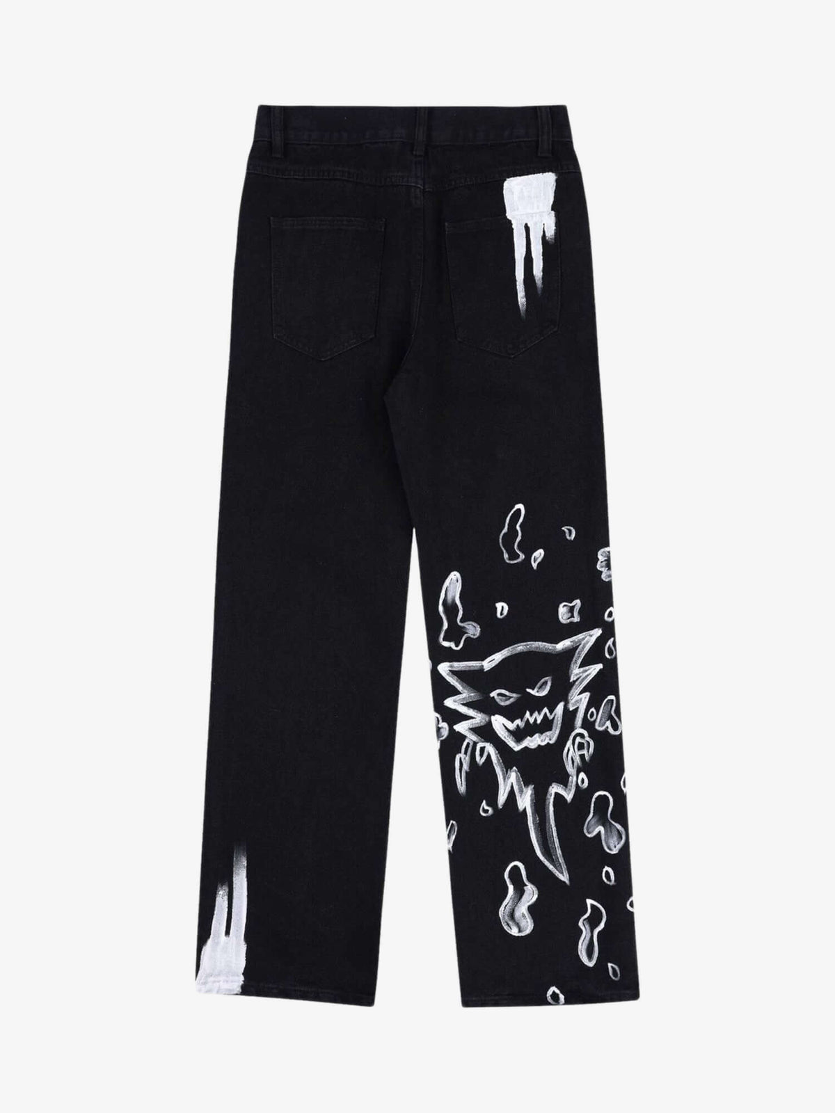 Black Painted Jeans with Skull and Centipede Print – back view flat | XoKool