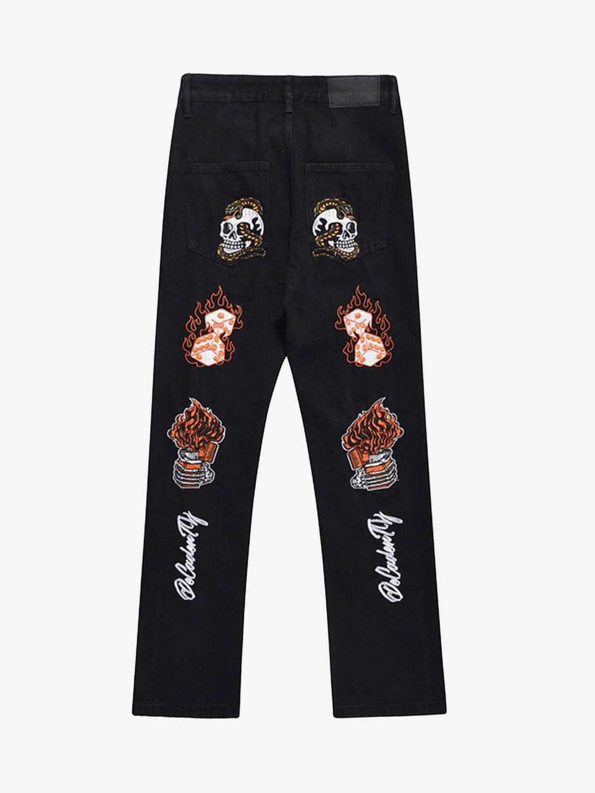 Skull and Flame Embroidered Straight Jeans – Black, back view | XoKool