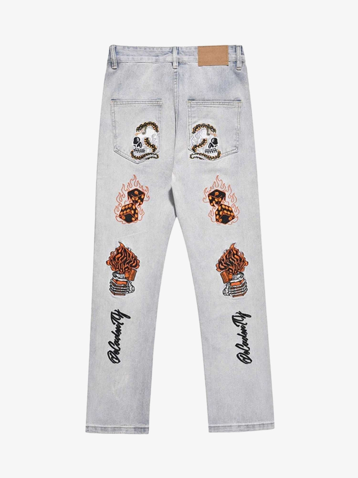 Skull and Flame Embroidered Straight Jeans – Light Blue, back view | XoKool