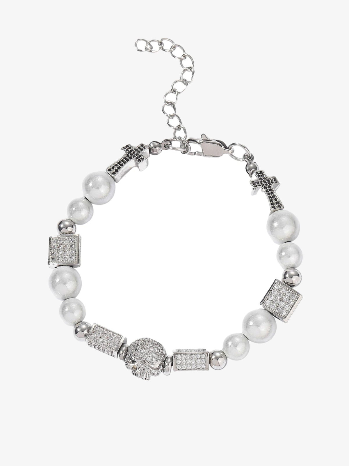 Pearl Cross Bead Bracelet with Rhinestone Skull – Silver Pearl, bracelet flat lay | XoKool