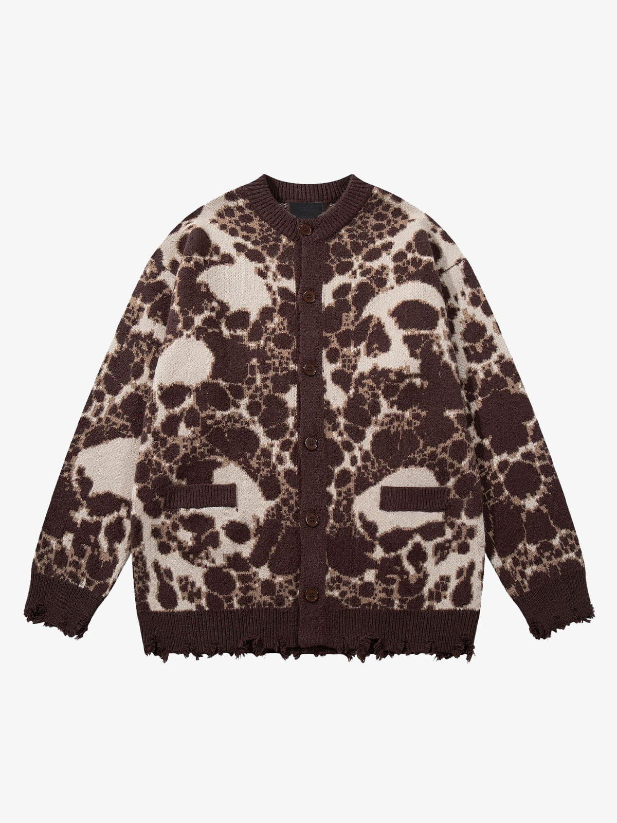 Skull Leopard Jacquard Button Cardigan – Brown Leopard, front view | XoKool