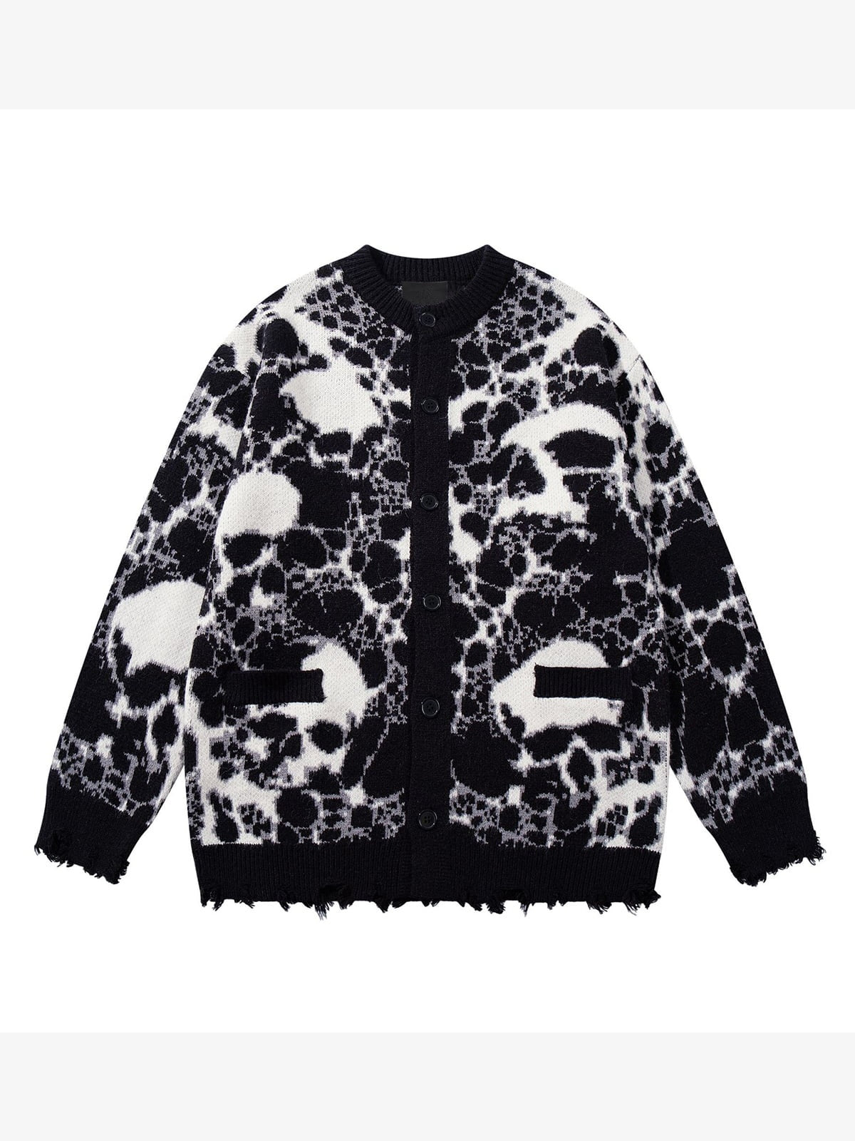 Skull Leopard Jacquard Button Cardigan – Black, front view | XoKool