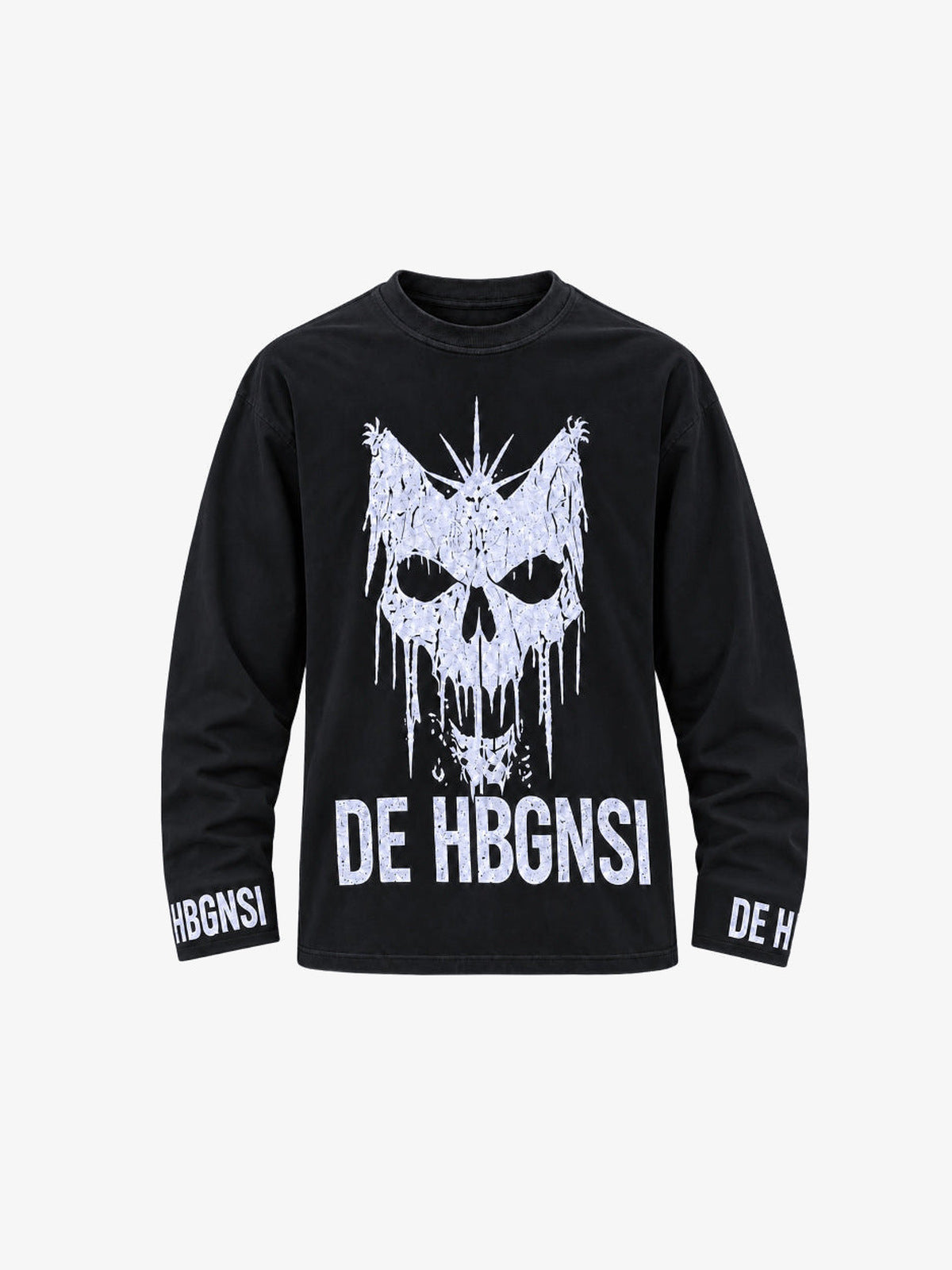 Skull Long Sleeve Shirt with Spiked Crown Print – Black, front | XoKool