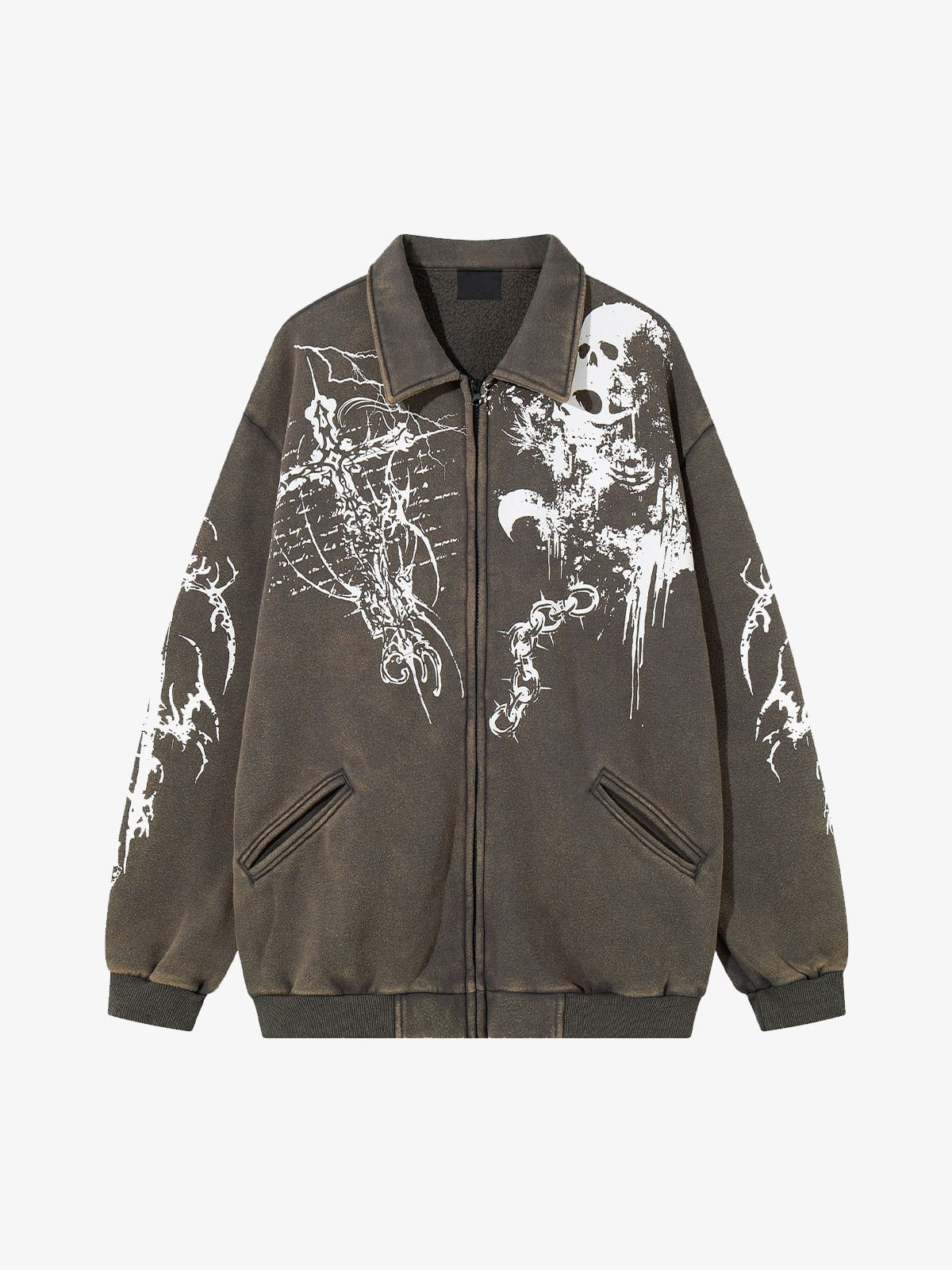 Skull Print Collared Zip-Up Sweat Jacket – Washed Olive, front view | XoKool