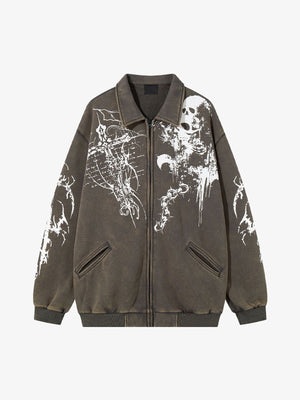 Skull Print Collared Zip-Up Sweat Jacket – Washed Olive, front view | XoKool