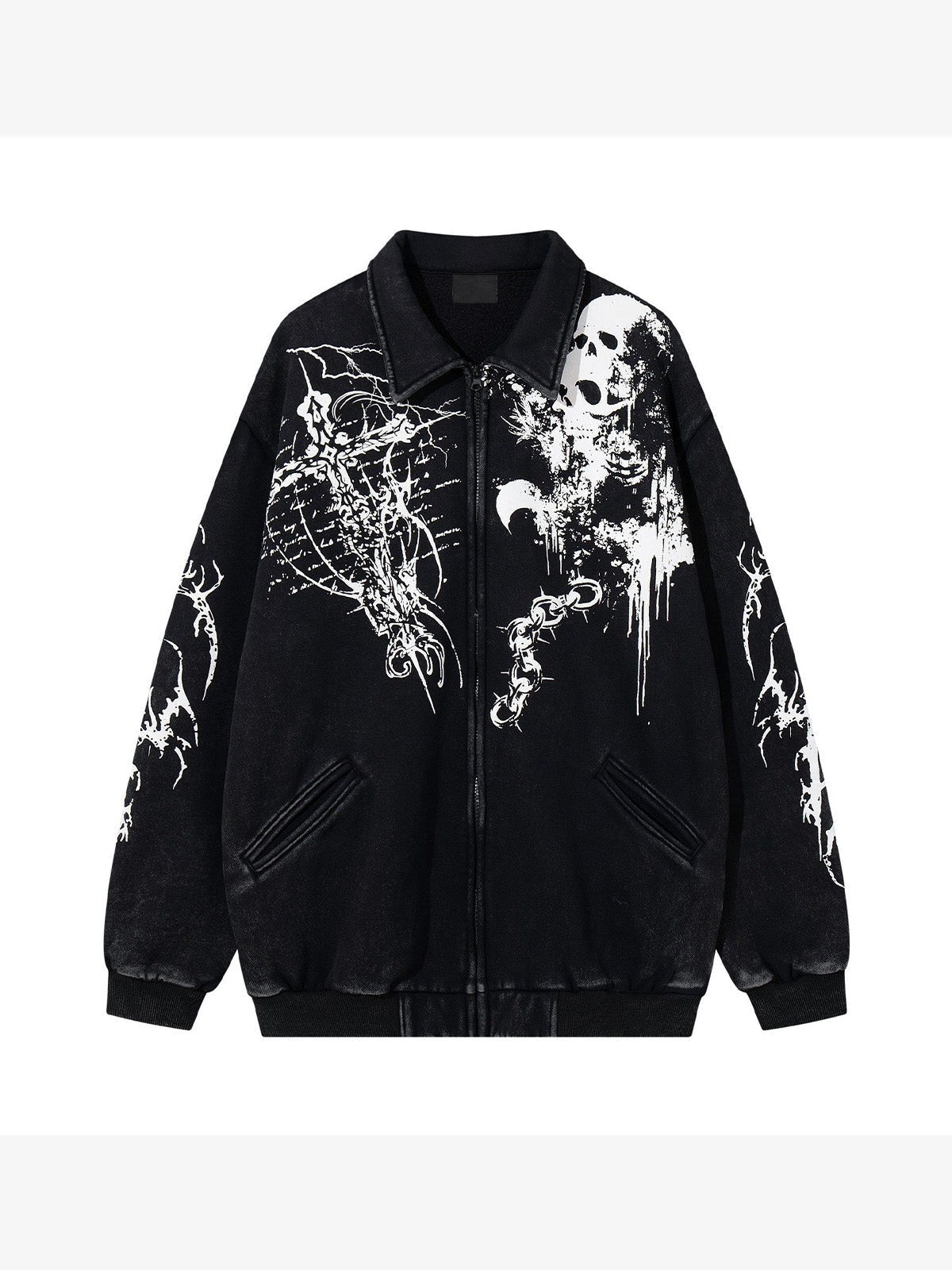 Skull Print Collared Zip-Up Sweat Jacket – Black, front view | XoKool