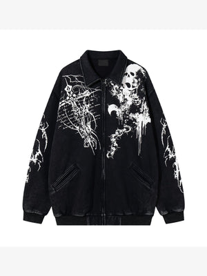 Skull Print Collared Zip-Up Sweat Jacket – Black, front view | XoKool