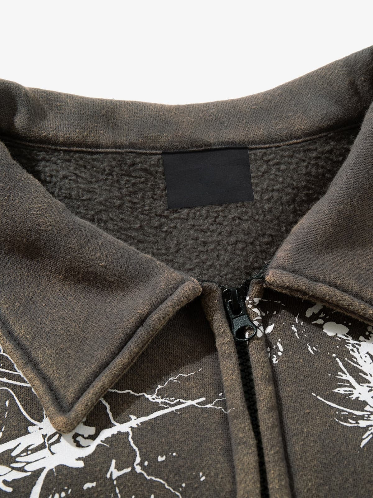 Skull Print Collared Zip-Up Sweat Jacket – Washed Olive, collar close-up | XoKool