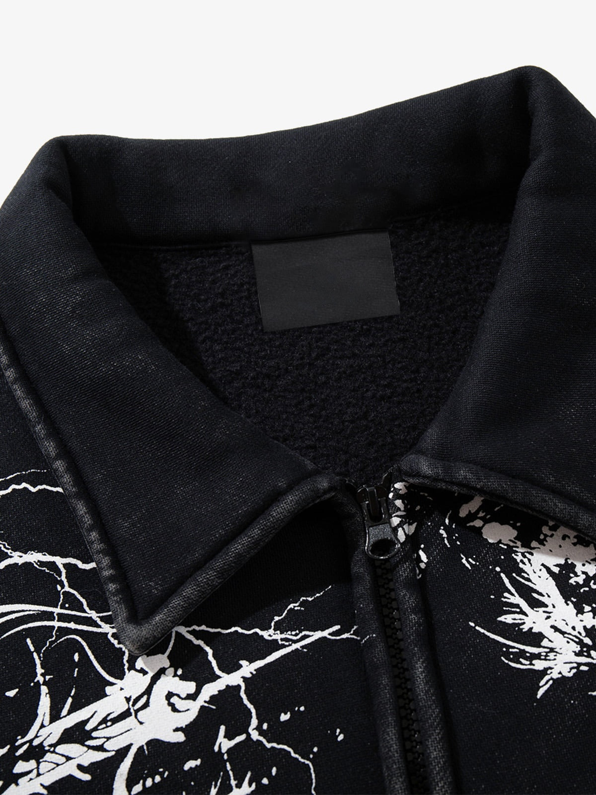 Skull Print Collared Zip-Up Sweat Jacket – Black, collar close-up | XoKool