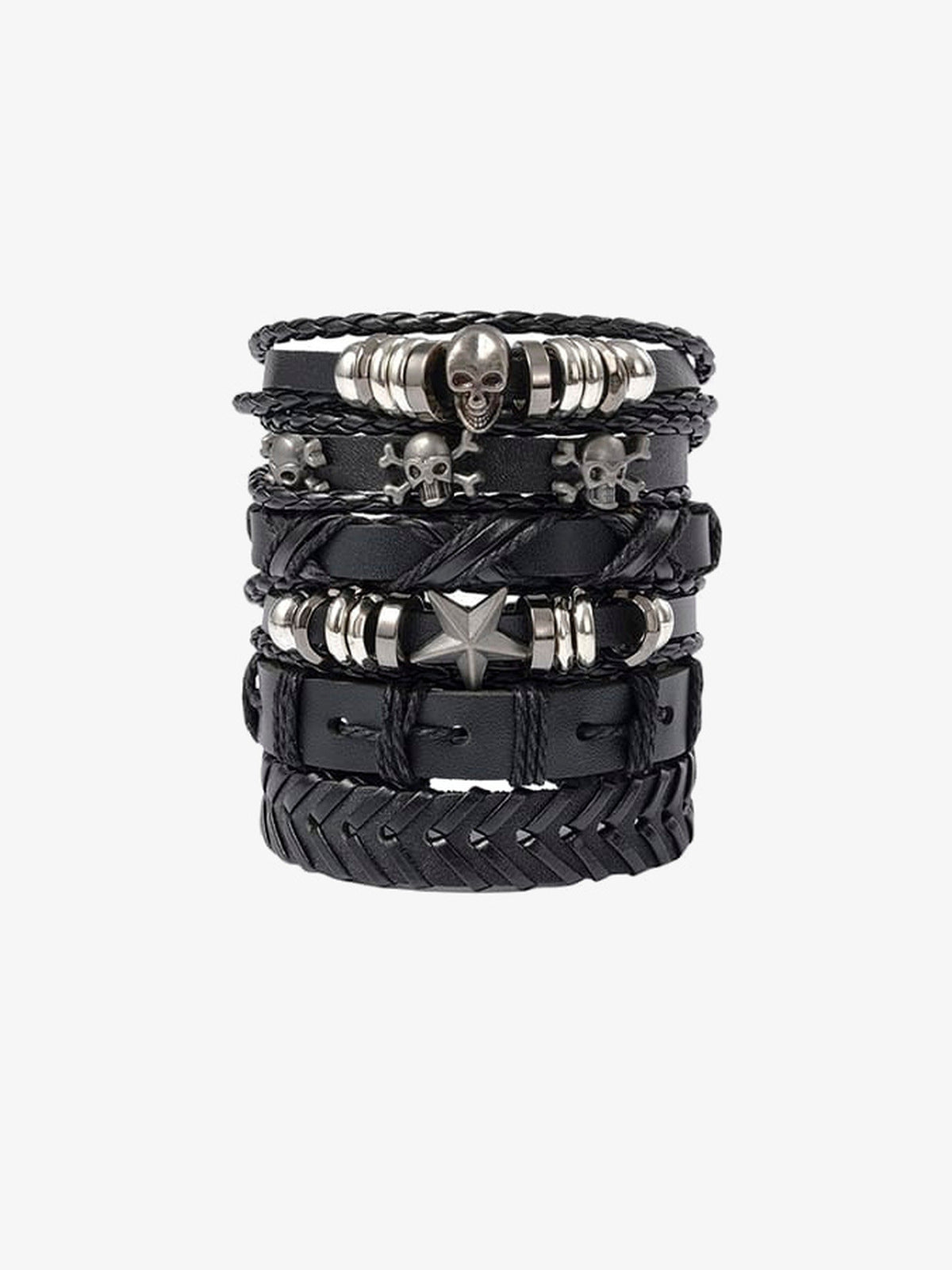Skull and Star Braided Bracelet Set – stacked set, front view | XoKool