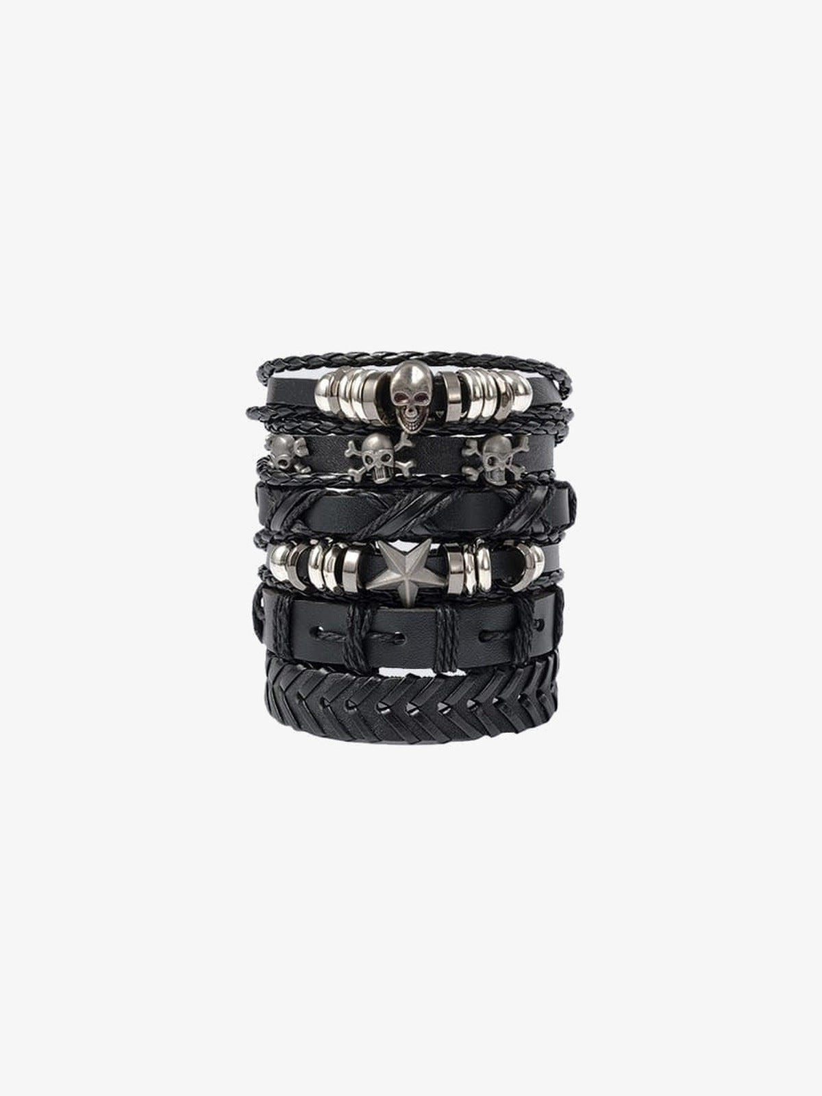 Skull and Star Braided Bracelet Set – stacked set, front view | XoKool