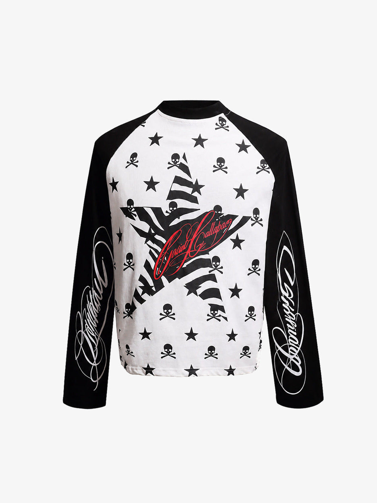 Skull and Star Print Raglan Long Sleeve Shirt – Black White, front flat | XoKool