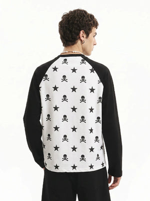 Skull and Star Print Raglan Long Sleeve Shirt – Black White, on model back | XoKool