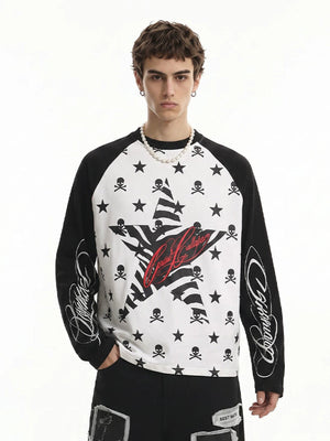 Skull and Star Print Raglan Long Sleeve Shirt – Black White, on model front | XoKool