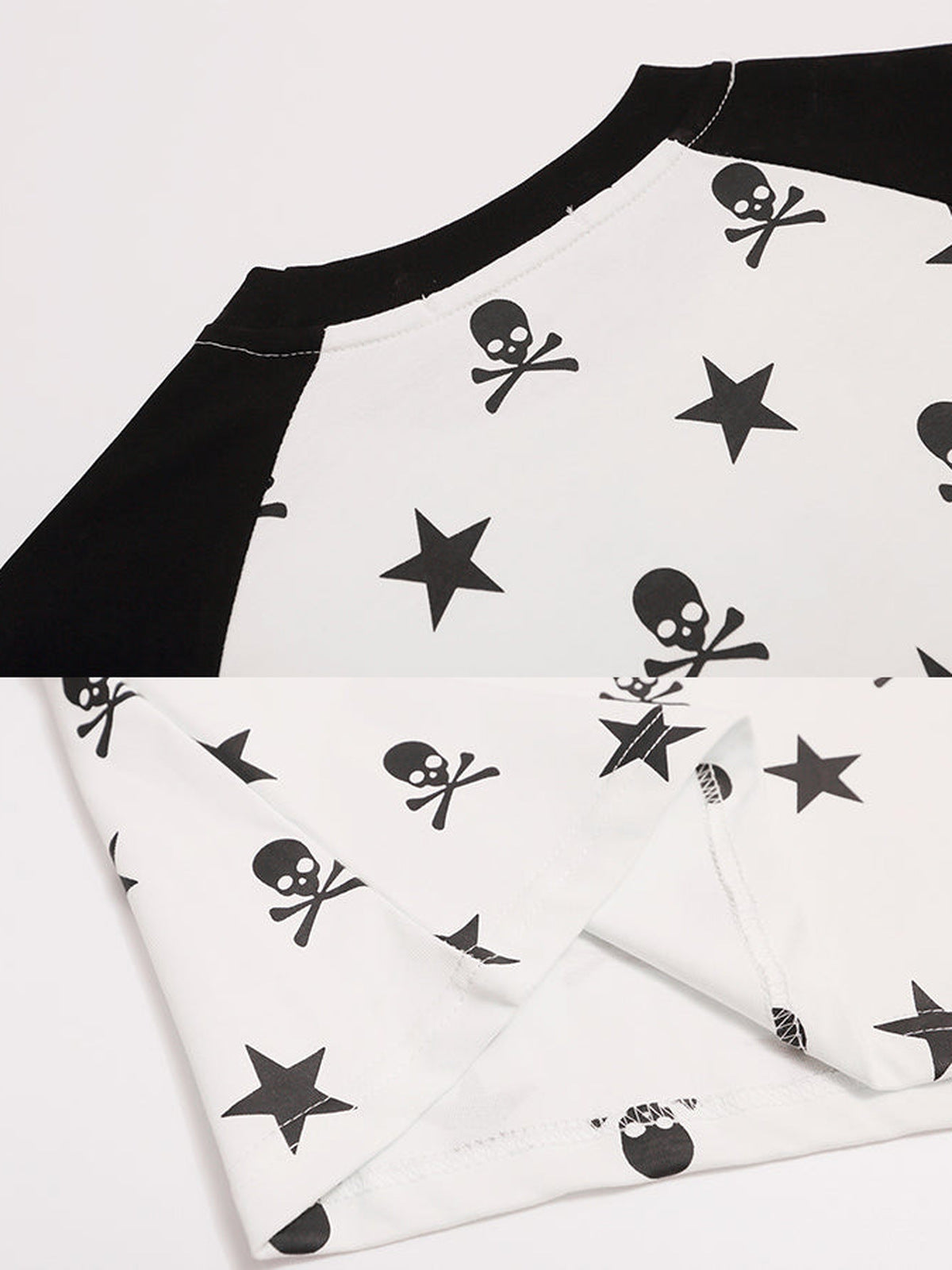 Skull raglan shirt – raglan seam and skull print close-up | XoKool