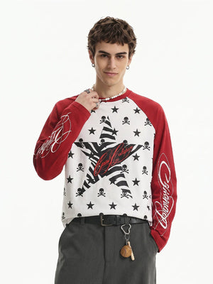 Skull raglan shirt – Red White, on model front | XoKool