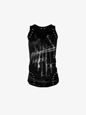 Camiseta sin mangas gráfica de corte ajustado con ojales metálicos – negro, frente plano | XoKool