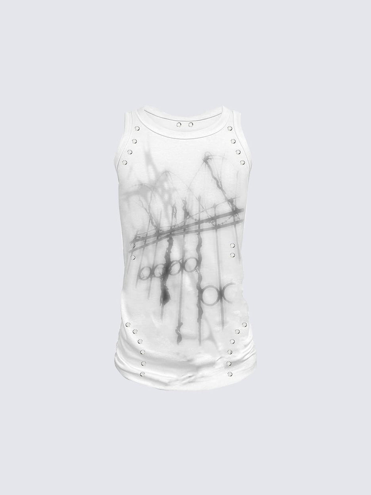 Camiseta sin mangas gráfica slim fit con ojales metálicos – blanco, parte delantera plana | XoKool
