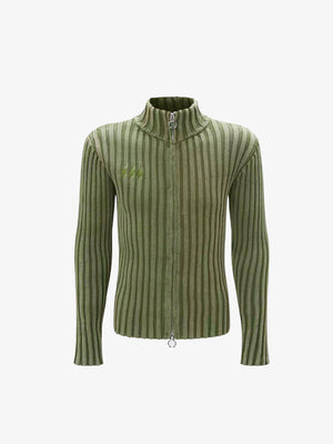 Slim Rippstrick Strickjacke mit Zwei-Wege-Reißverschluss und Stehkragen – Olivgrün, Vorderansicht | XoKool