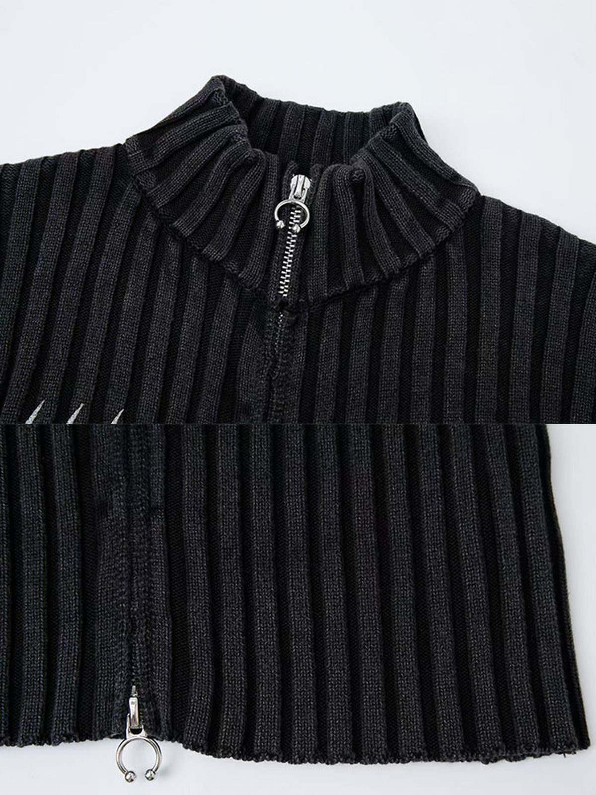 Geripptes Zip-Cardigan – Washed Black, Kragen und Saum im Detail | XoKool