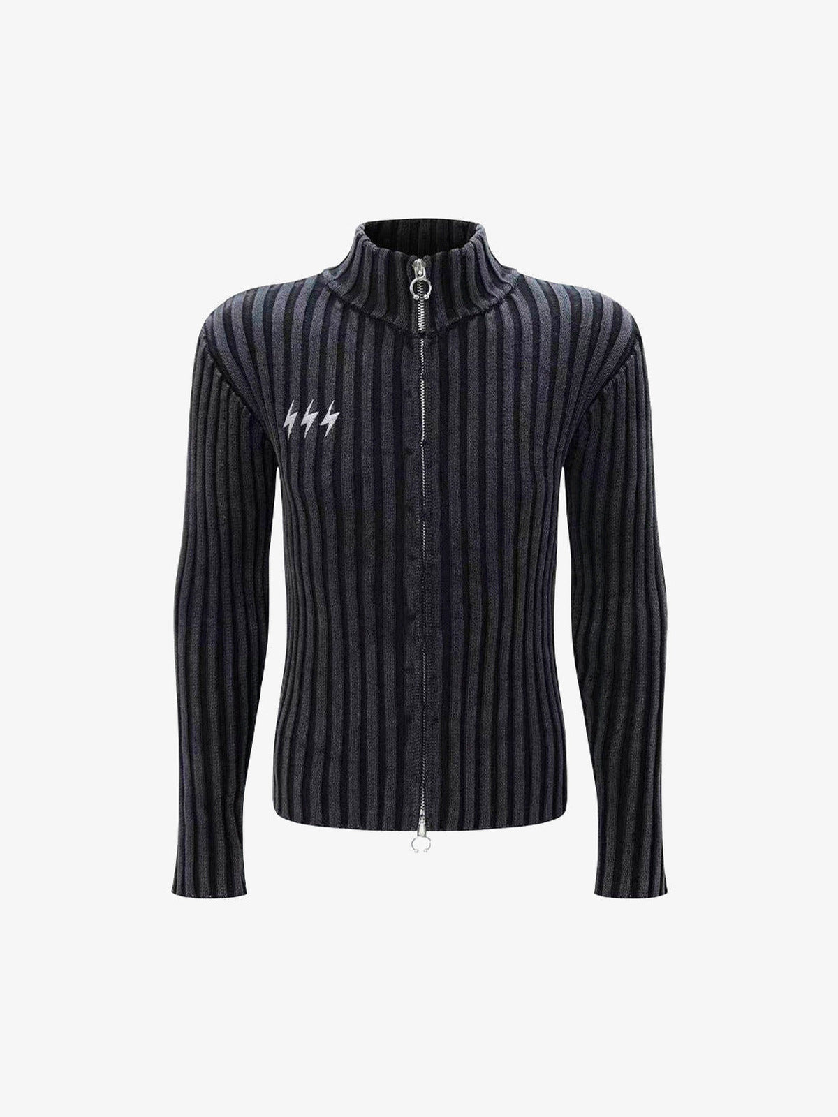 Slim Rippstrick Strickjacke mit Zwei-Wege-Reißverschluss und Stehkragen – Washed Black, Vorderansicht | XoKool