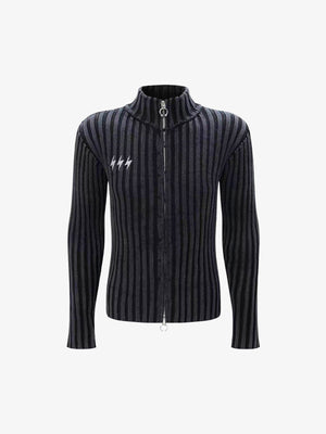 Slim Rippstrick Strickjacke mit Zwei-Wege-Reißverschluss und Stehkragen – Washed Black, Vorderansicht | XoKool