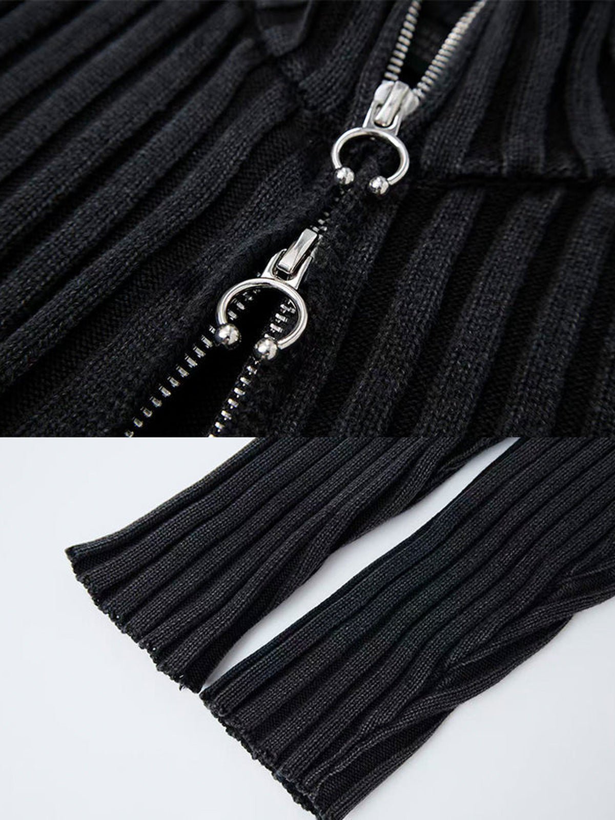 Geripptes Zip-Cardigan – Washed Black, Reißverschlusszieher und Bündchen im Detail | XoKool