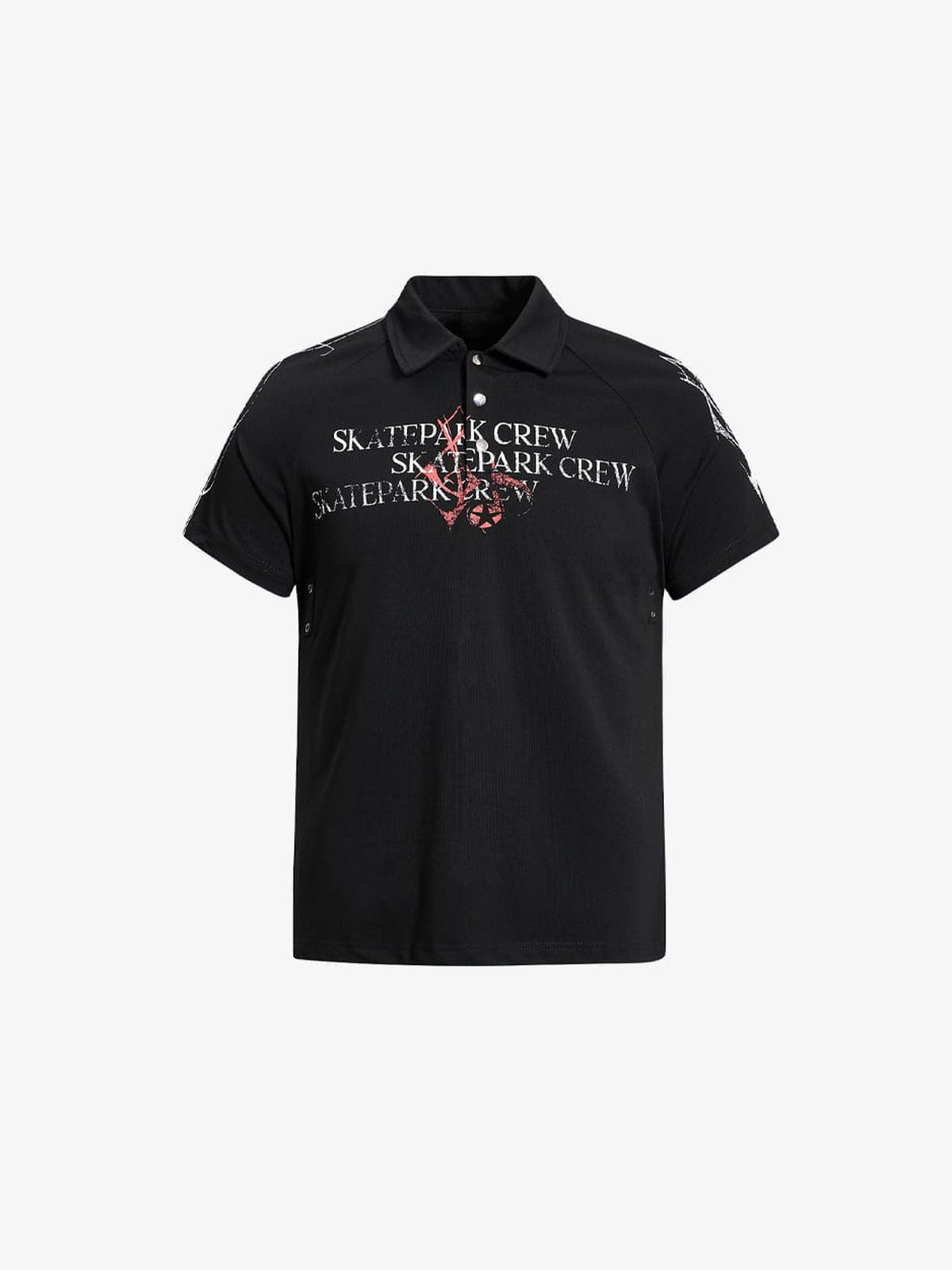 Graphic Poloshirt mit Druckknöpfen und Textprint – Schwarz, Vorderseite flach | XoKool