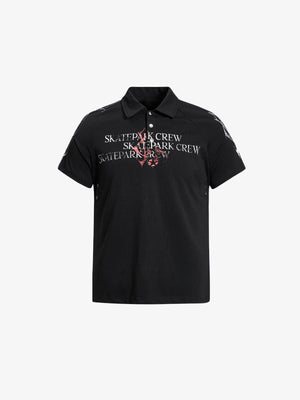 Snap Button Graphic Polo Shirt with Text Print – Black, flat front | XoKool