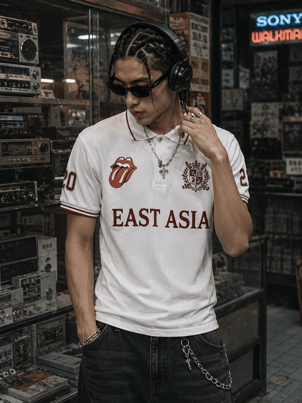 Snap Button Graphic Polo Shirt with Text Print – on model, front | XoKool