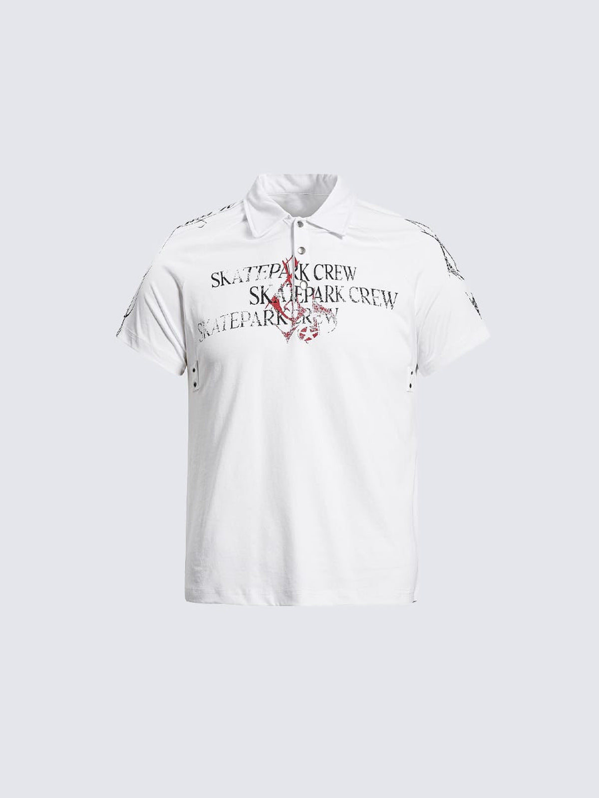 Snap Button Graphic Polo Shirt with Text Print – White, flat front | XoKool