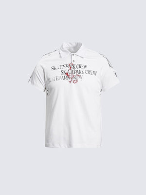Snap Button Graphic Polo Shirt with Text Print – White, flat front | XoKool