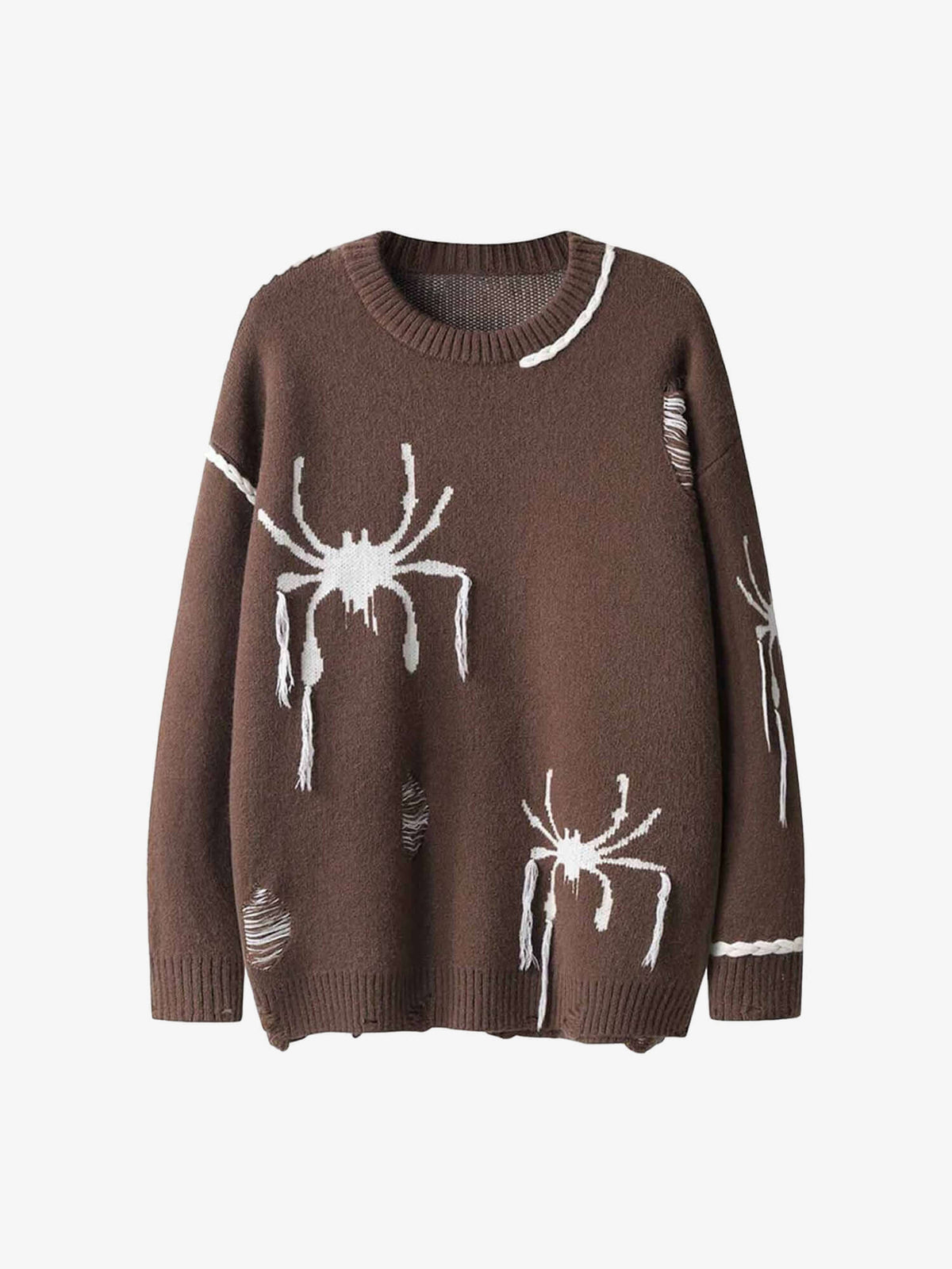Distressed Spider Knit Crewneck Sweater – Brown, front view | XoKool