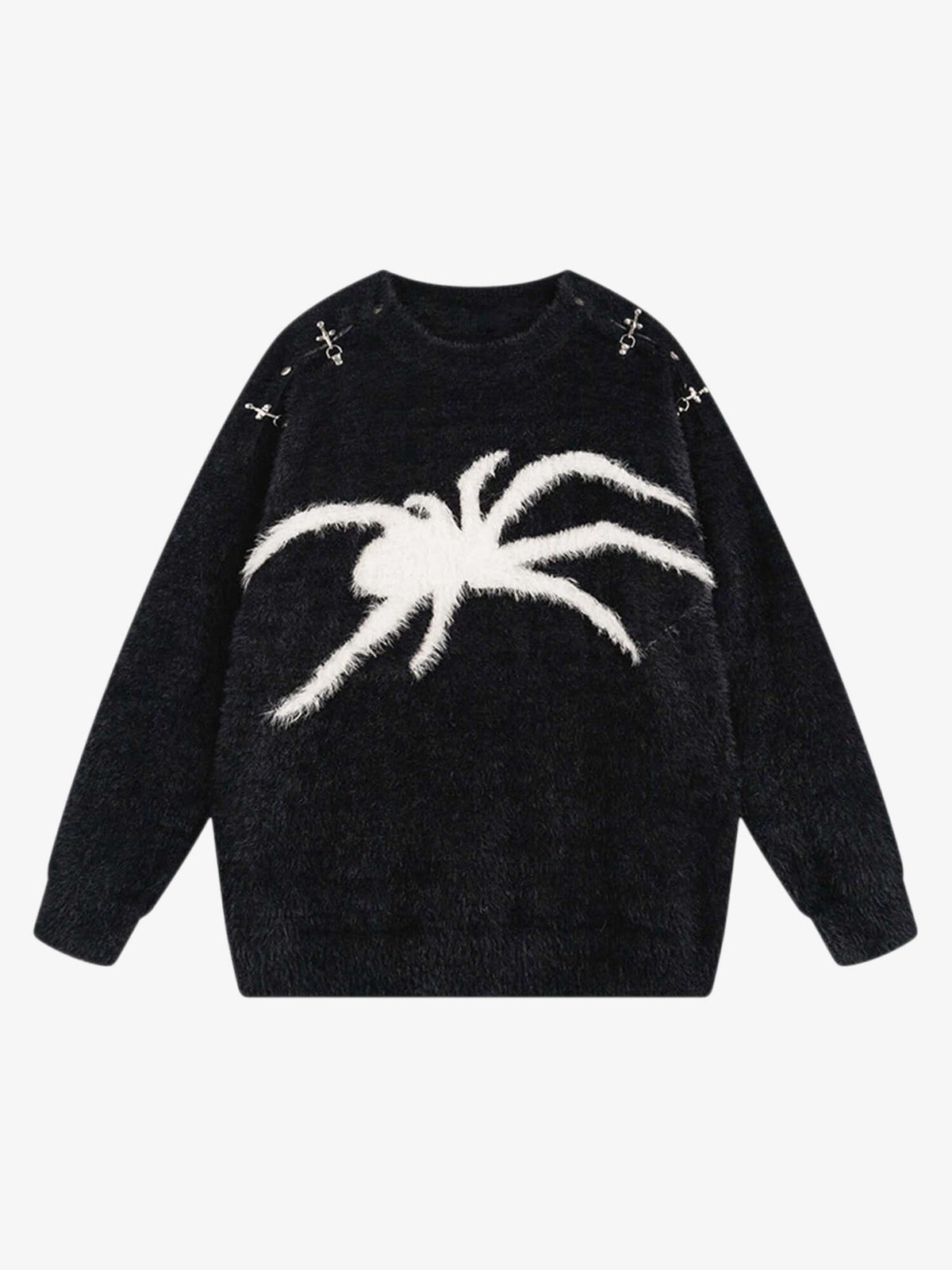 Fuzzy Spider Intarsia Crewneck Sweater – Black, front view | XoKool