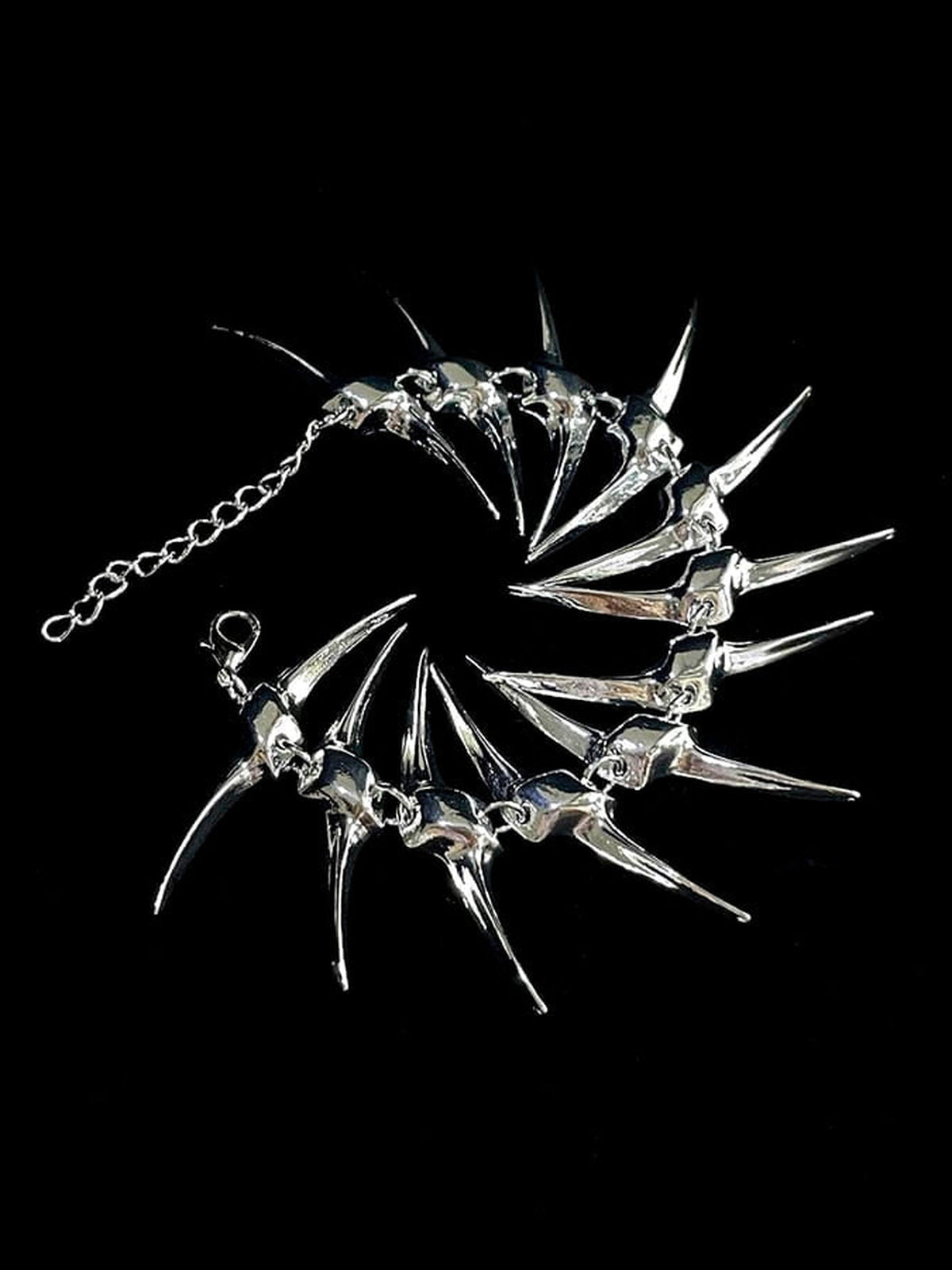 Spiked Centipede Link Bracelet and Hand Chain – flat on black, coiled | XoKool