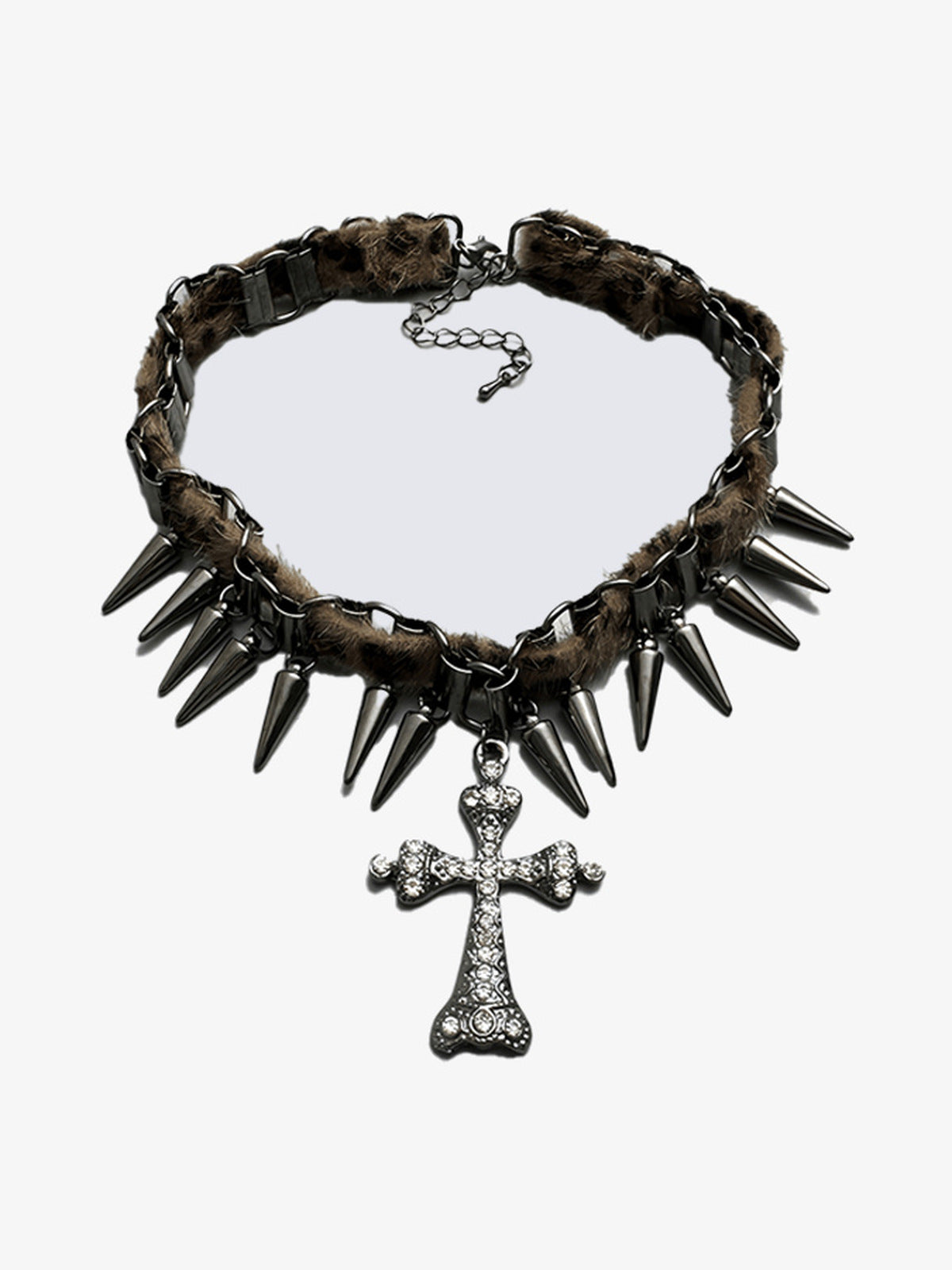 Choker mit Spikes, Kette, Kunstfell und Kreuz – Vorderseite flach | XoKool