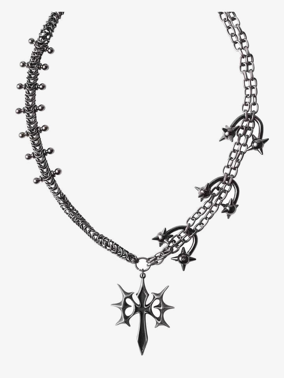 Collar de cadena asimétrica con cruz y pinchos – vista plana | XoKool