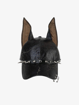 Baseballcap mit Hundeohren und Spikes aus Kunstleder – Schwarz, Vorderansicht | XoKool