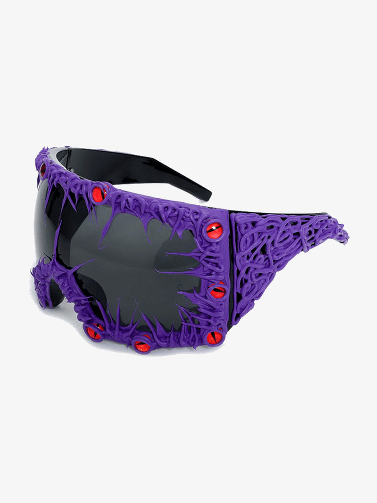 Sonnenbrille mit Spikes im Shield-Style und roten Strasssteinen – Lila, Schrägansicht | XoKool
