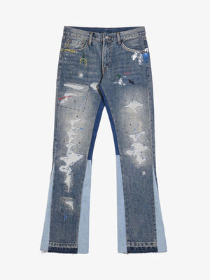 Jeans acampanados (flare) con salpicaduras de pintura e insertos en contraste – vista frontal plana | XoKool