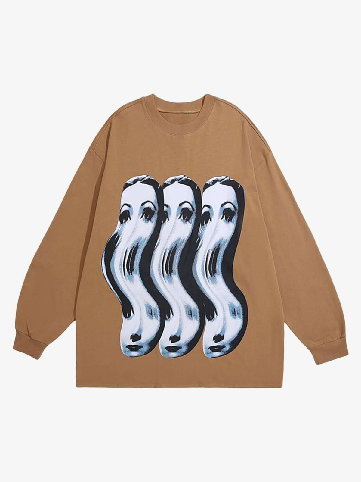 Distorted Face Graphic Crewneck Sweatshirt – Tan, front view | XoKool