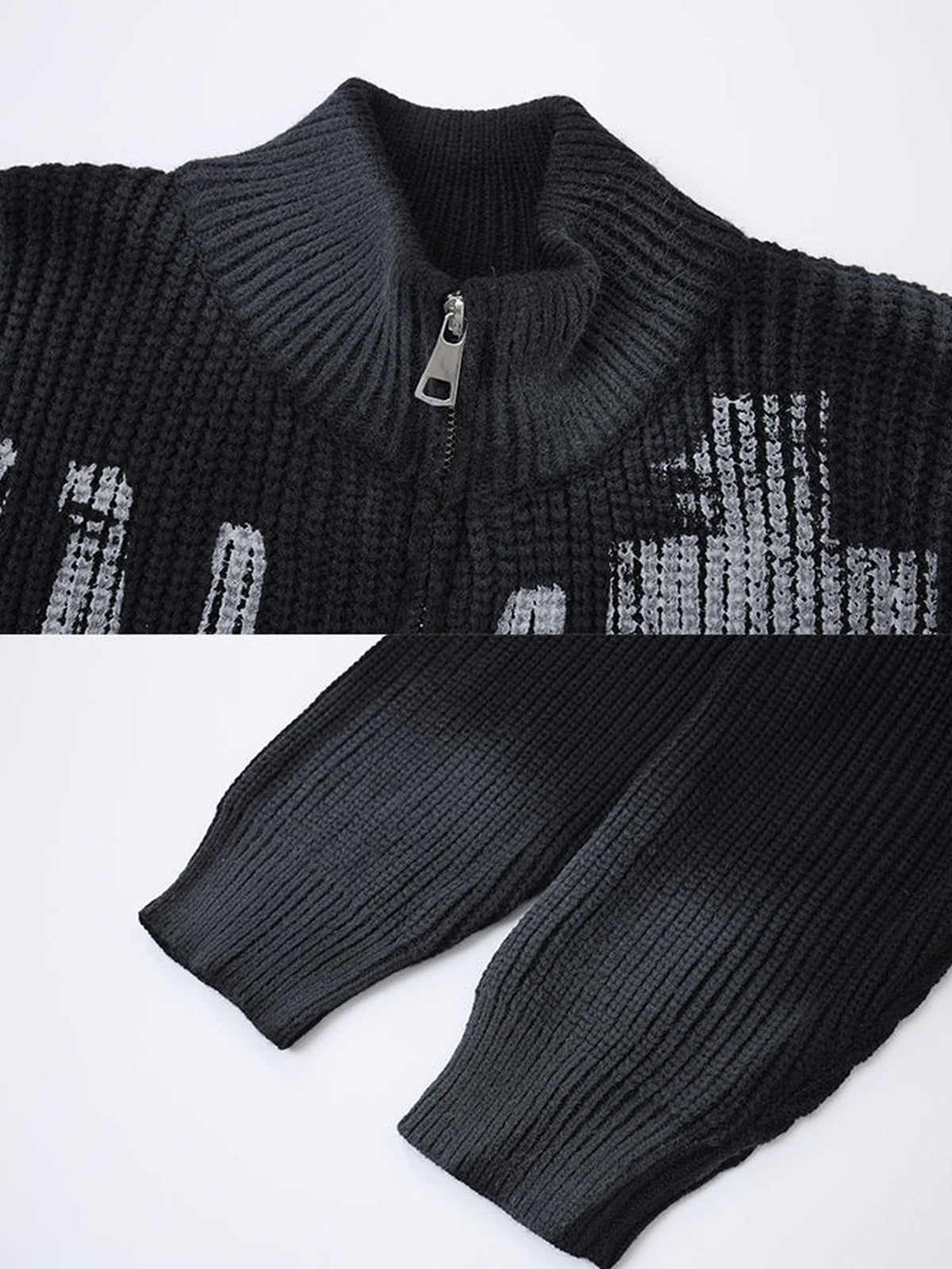 Strickjacke mit Kreuz-Reißverschluss – Schwarz, Kragen und Bündchen Nahaufnahme | XoKool