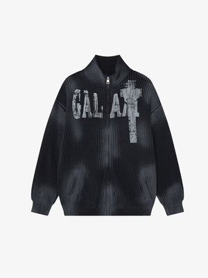 Spray Dye Strickjacke mit Kreuz-Reißverschluss und Stehkragen – Schwarz, Vorderansicht | XoKool