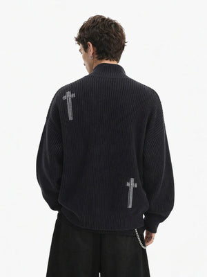 Spray Dye Strickjacke mit Kreuz-Reißverschluss und Stehkragen – Schwarz, am Model Rückansicht | XoKool