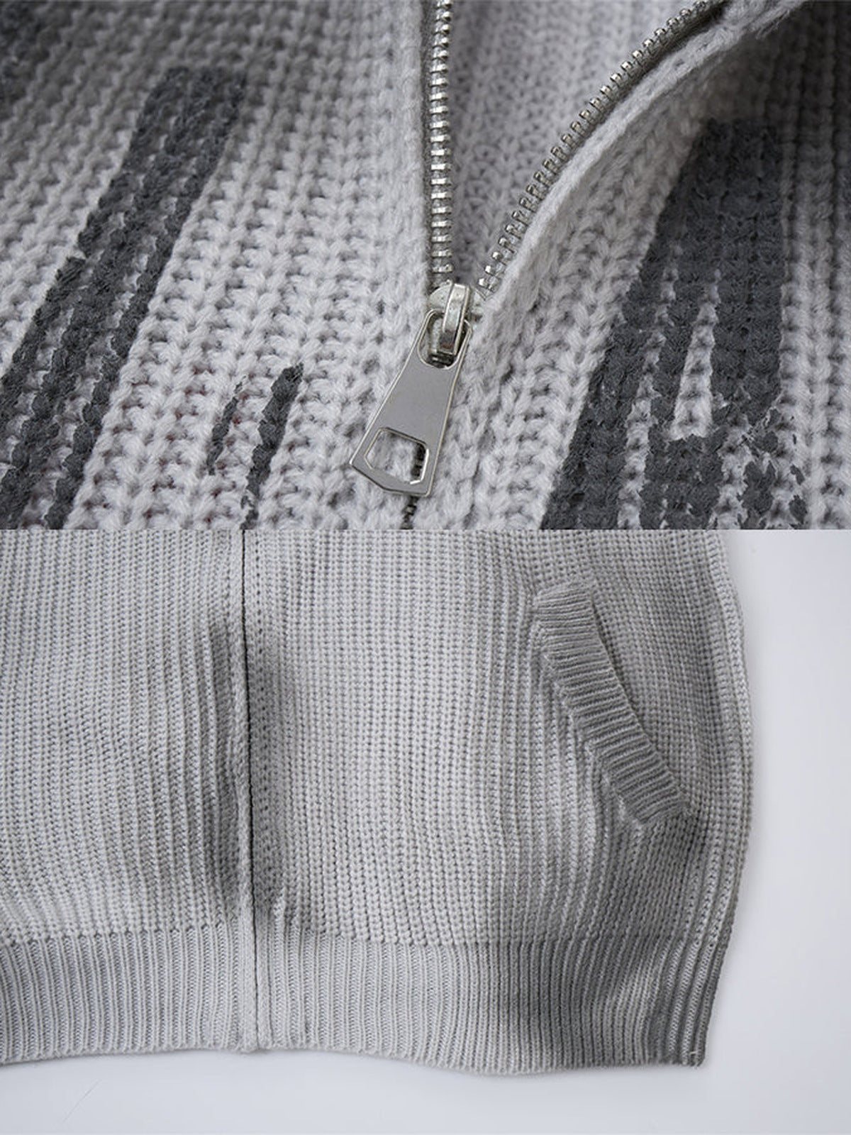Strickjacke mit Kreuz-Reißverschluss – Hellgrau, Reißverschluss und Tasche Nahaufnahme | XoKool
