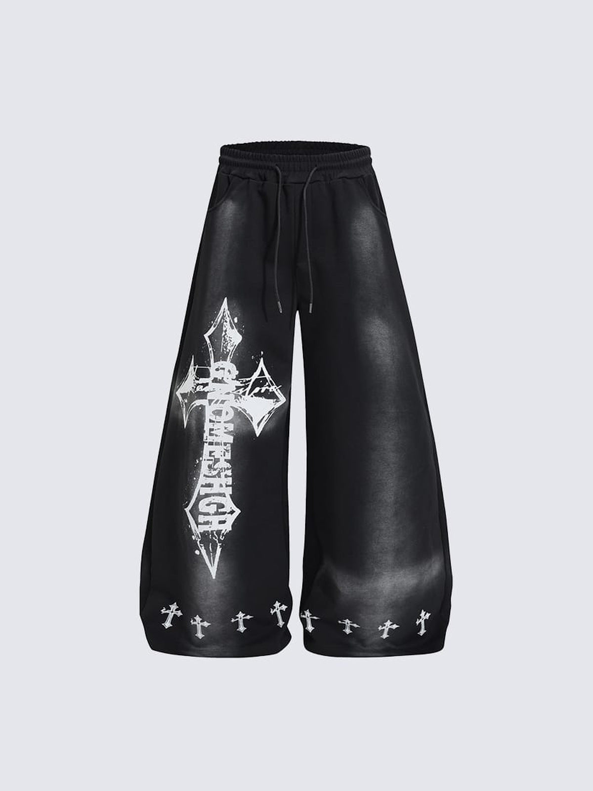 Y2K Jogginghose mit Gothic-Kreuz und Spray-Fade – Schwarz, Vorderansicht flach | XoKool