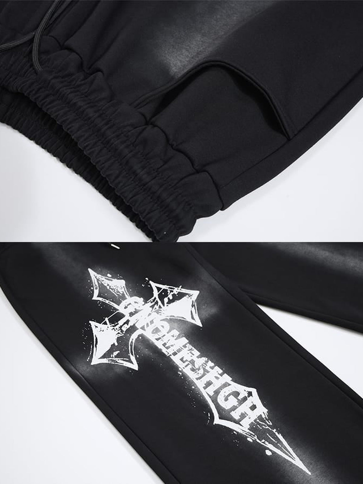 Y2K Jogginghose – Schwarz, Nahaufnahme Bund und Kreuz-Print | XoKool