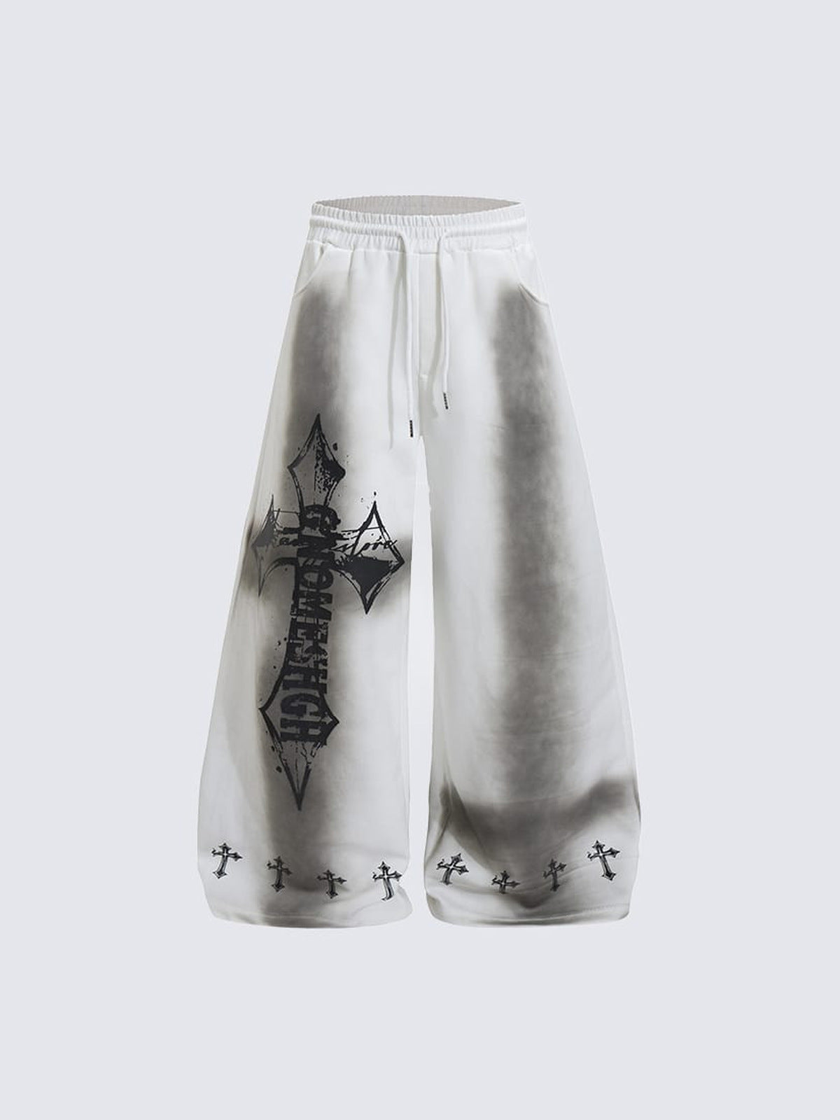 Y2K Jogginghose mit Gothic-Kreuz und Spray-Fade – Weiß, Vorderansicht flach | XoKool
