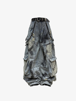 Baggy Cargo Jeans mit Spray-Paint-Optik in Grau oder Blau – Blau, vorne mit Gürtel | XoKool