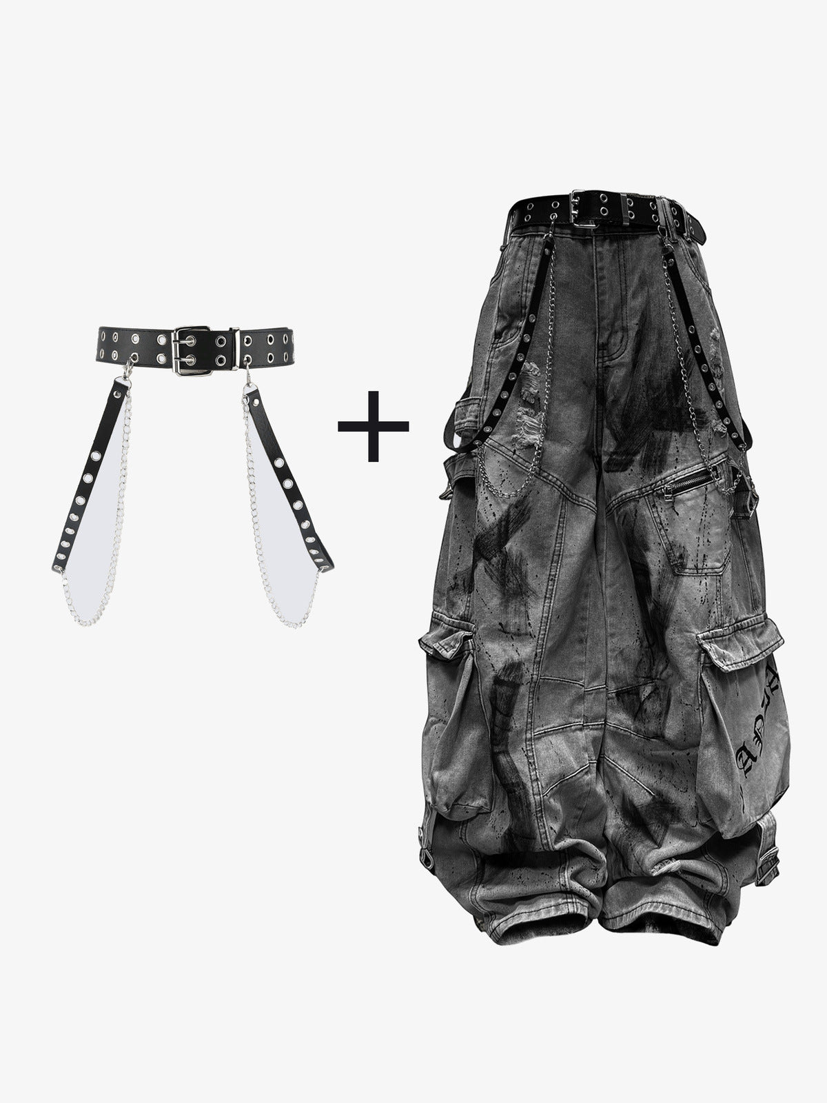 Baggy Cargo Jeans mit Spray-Paint-Optik in Grau oder Blau – Grau, mit Gürtel und Kettenset | XoKool